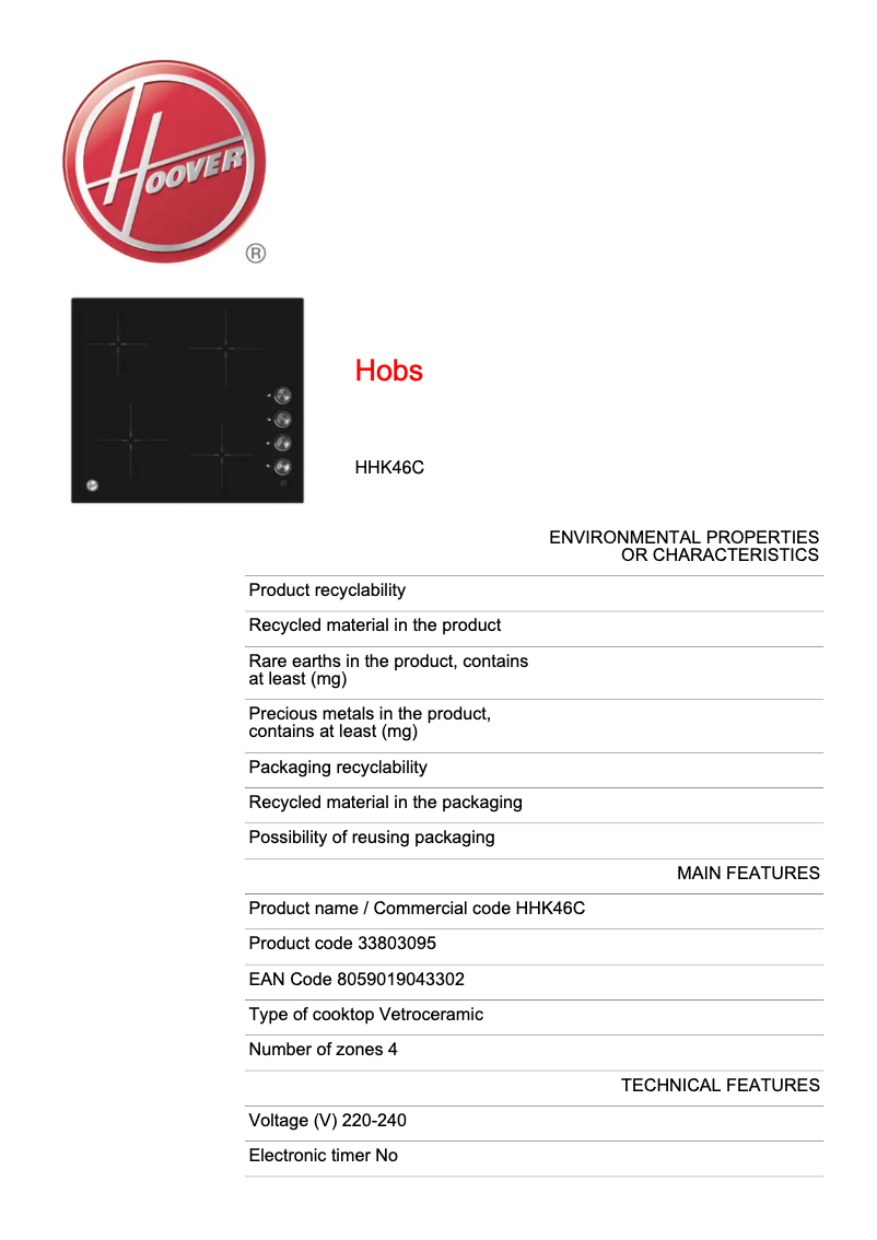 Page 1 de la notice Fiche technique Hoover HHK46C