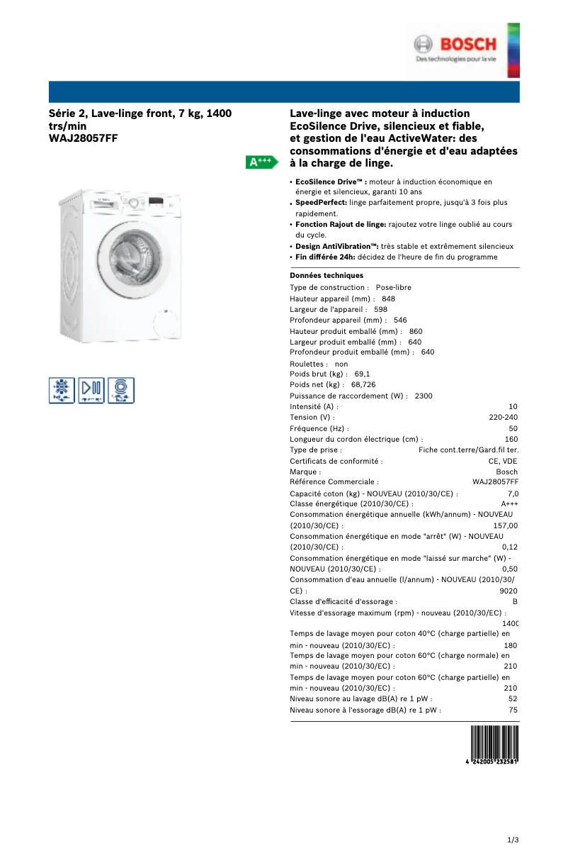 Page 1 de la notice Manuel utilisateur Bosch WAJ28057FF