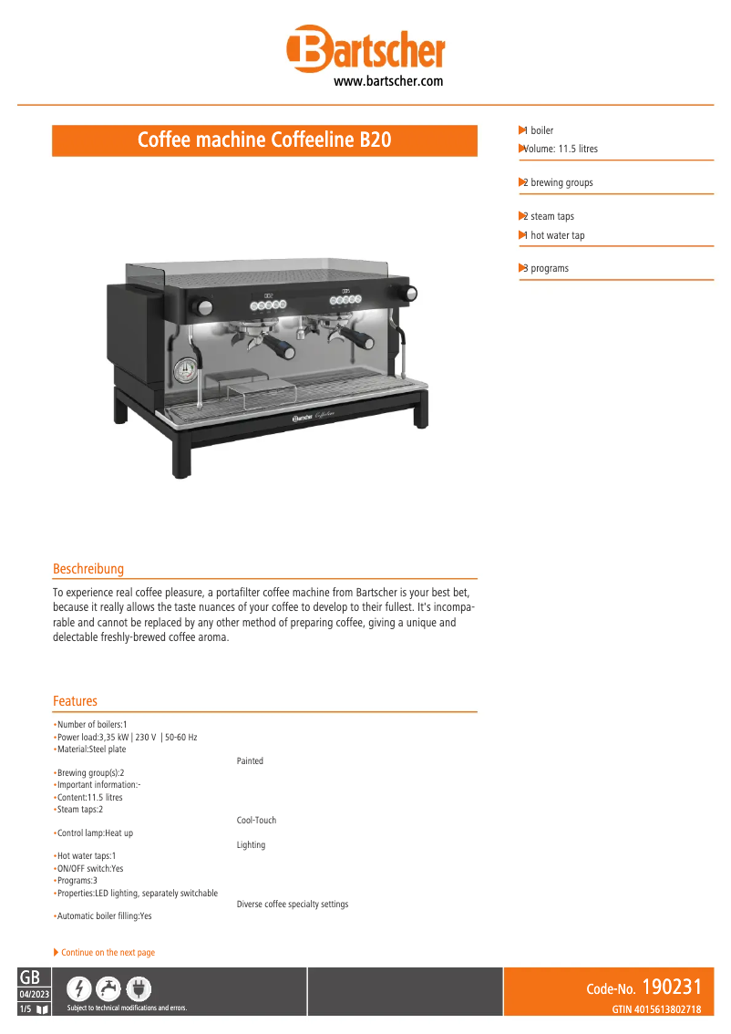 Page 1 de la notice Fiche technique Bartscher Coffeeline B20