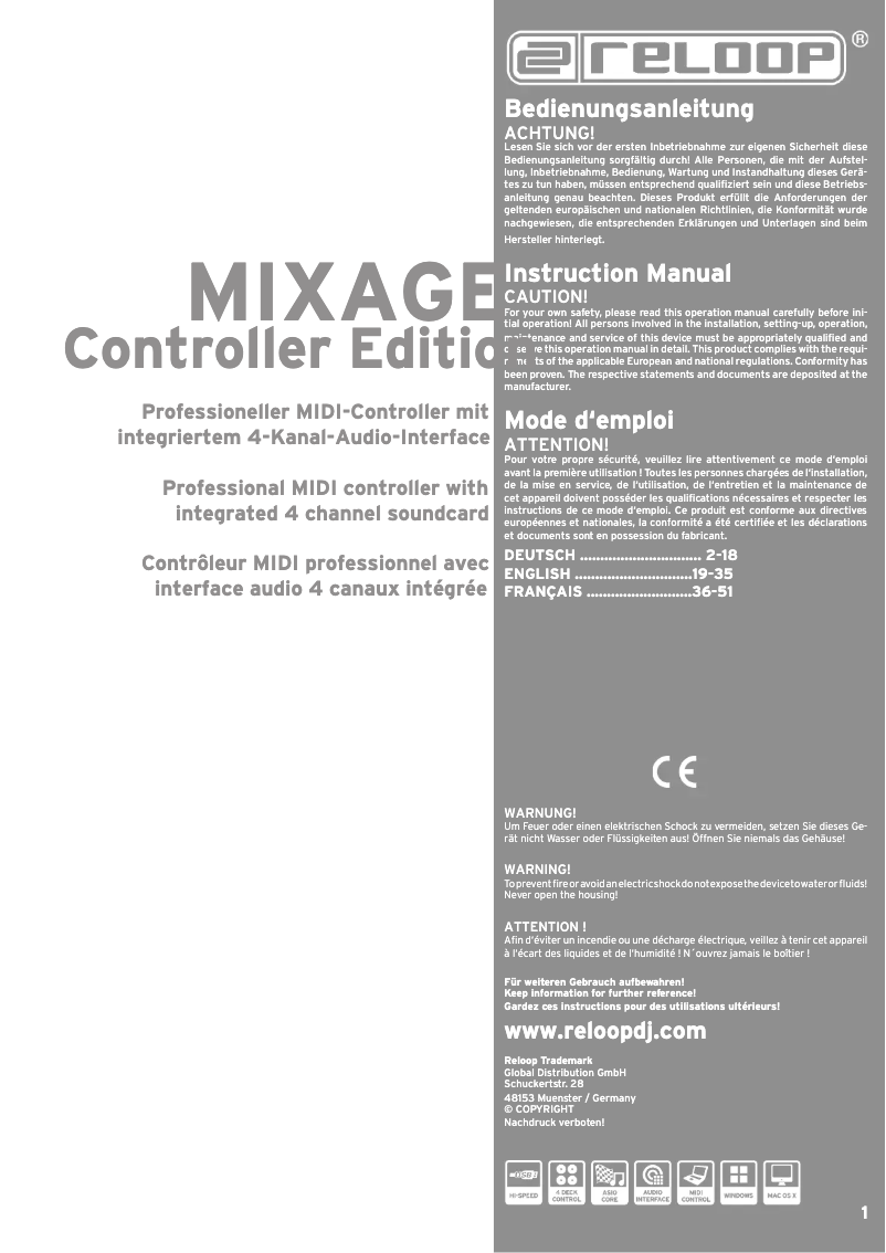 Page 1 de la notice Manuel utilisateur Reloop Mixage Controller Edition