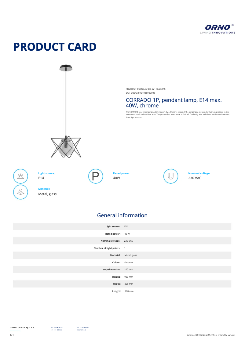 Page 1 de la notice Fiche technique Adviti AD-LD-6211GGE14S