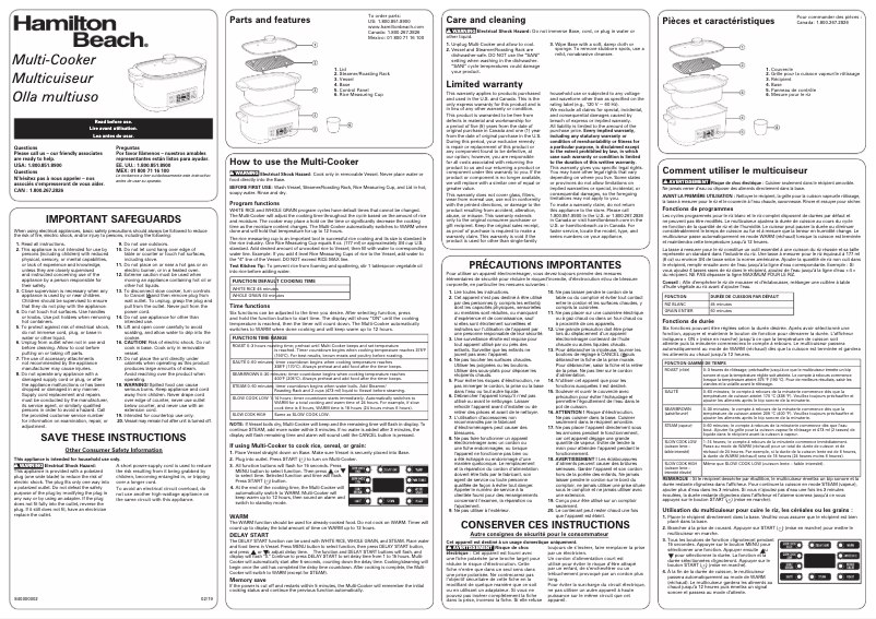 Page 1 de la notice Manuel utilisateur Hamilton Beach 33065