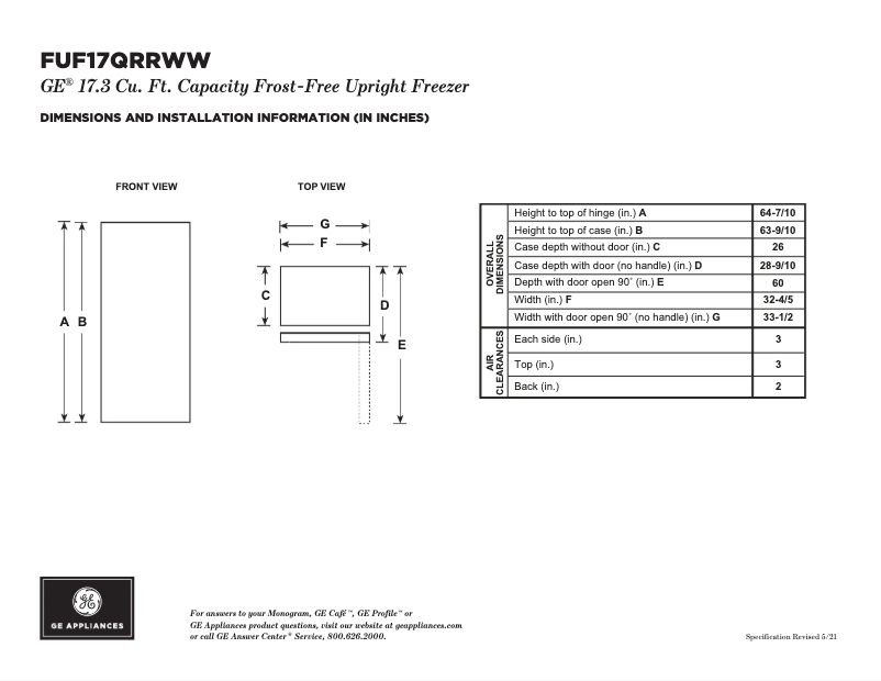 Page 1 of the manual Technical Sheet GE FUF17QRRWW