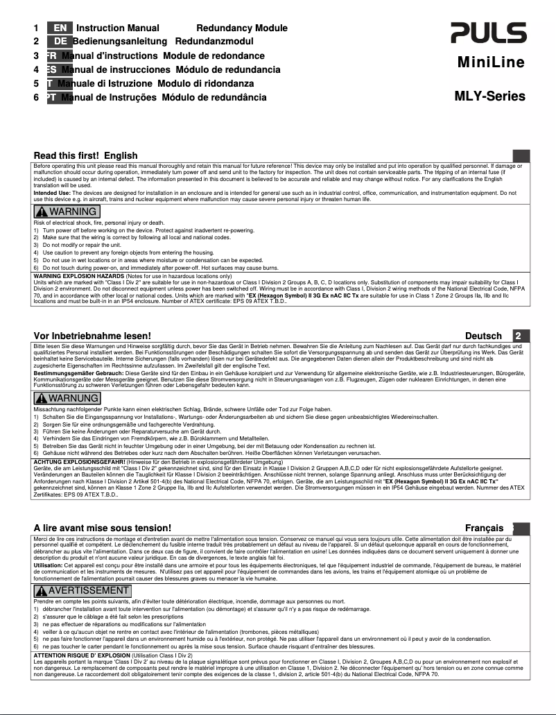 Page n°1 - Manuel utilisateur Puls Dimension MLY10.241