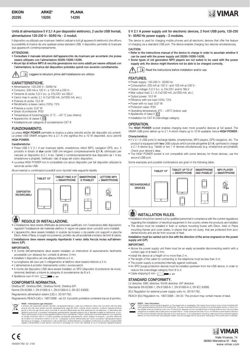Page n°1 - Manuel utilisateur Vimar 20295.N