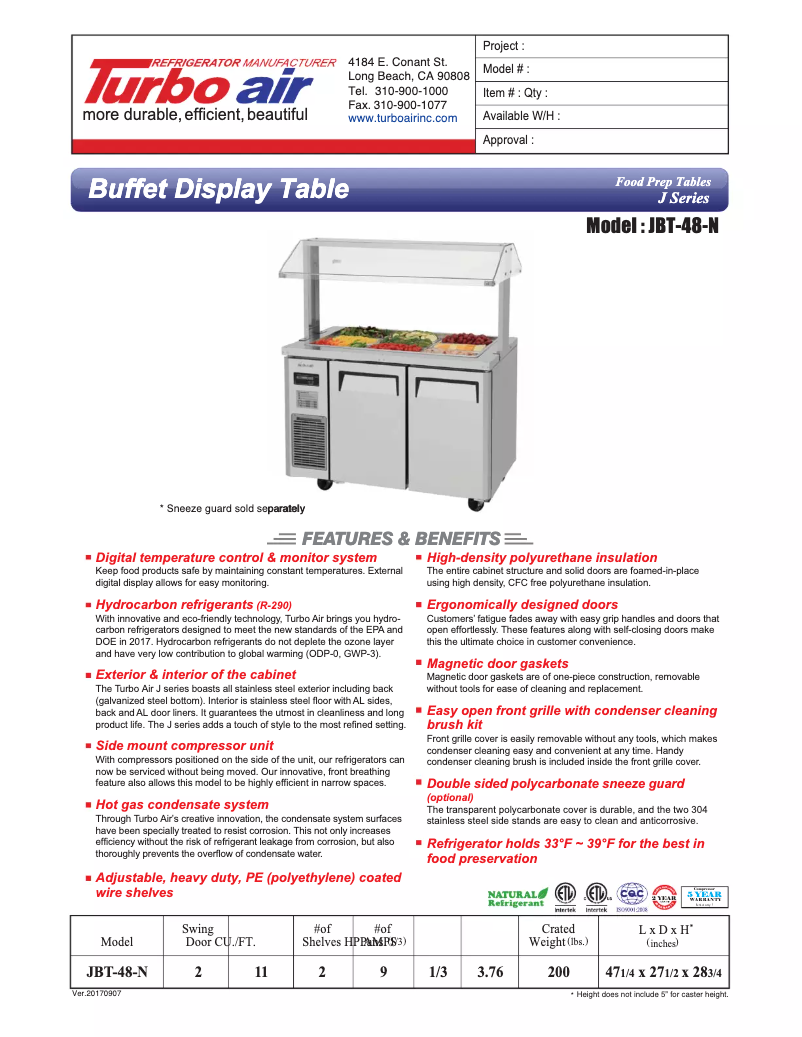 Page 1 de la notice Fiche technique Turbo air JBT-48