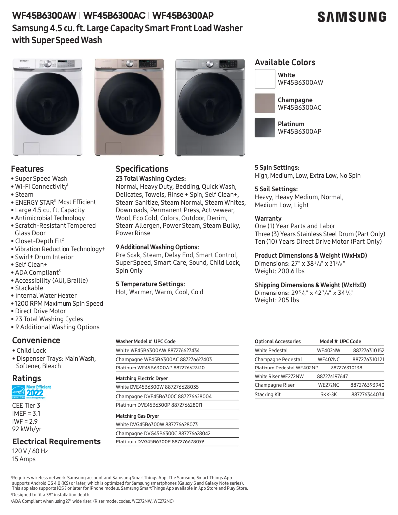 Page 1 de la notice Fiche technique Samsung WF45B6300AW