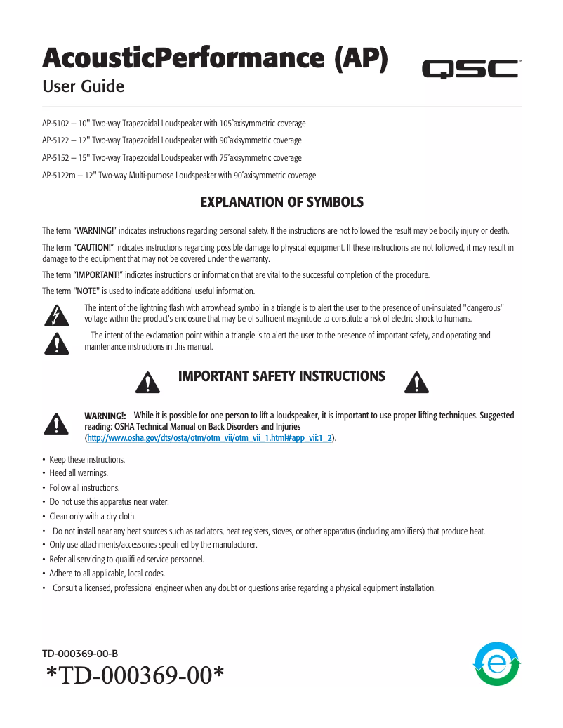 Page 1 de la notice Manuel utilisateur QSC AcousticPerformance AP-5102