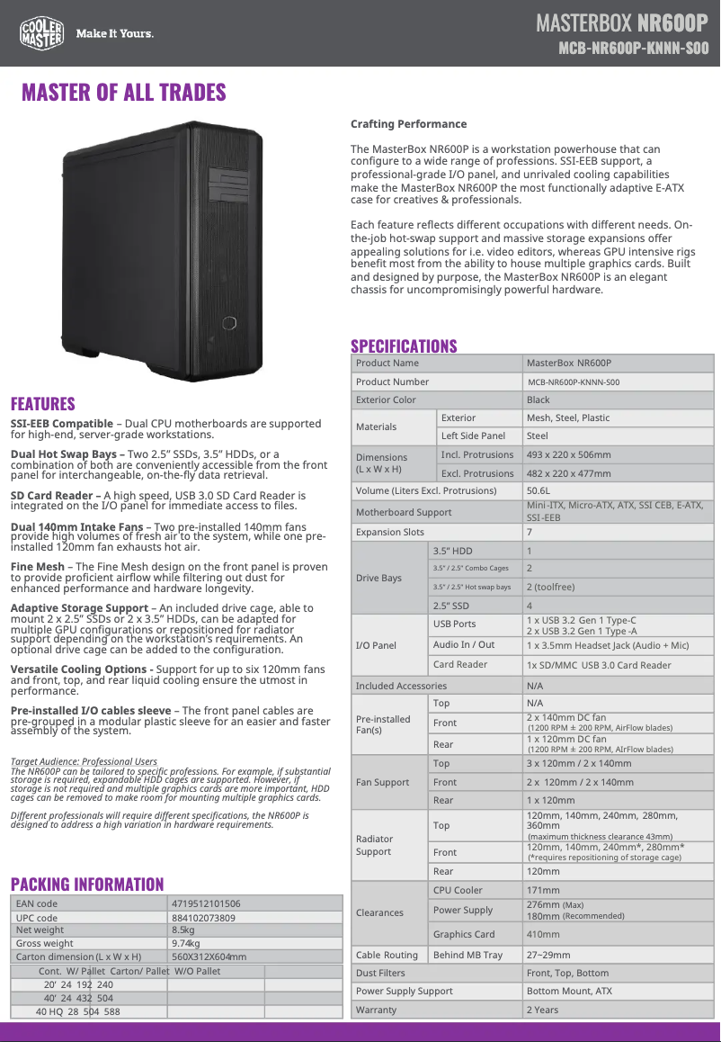 Page 1 de la notice Manuel utilisateur Cooler Master MasterBox NR600P
