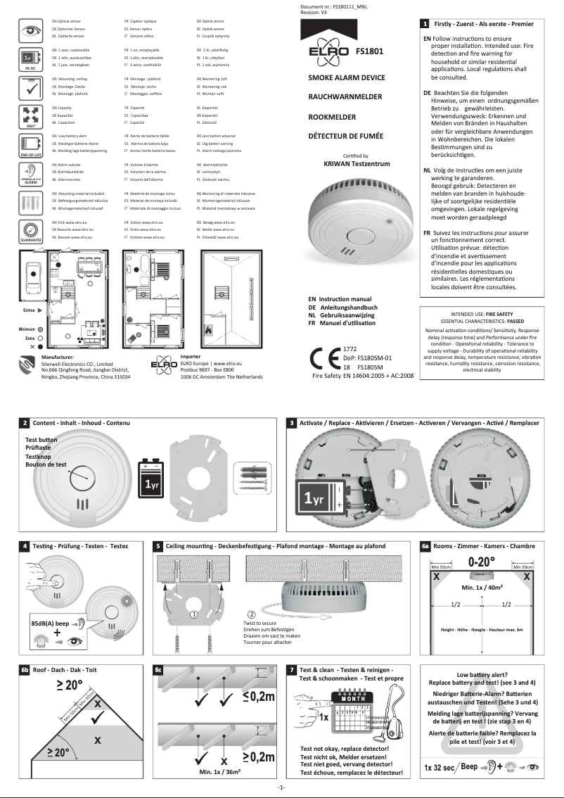 Page 1 de la notice Manuel utilisateur Elro FS180141