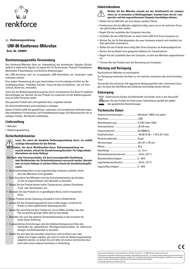 Page 1 de la notice Manuel utilisateur Renkforce UM-80