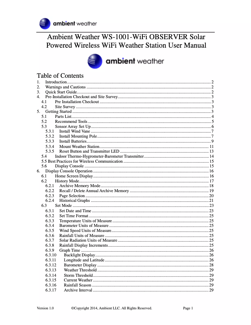 Page n°1 - Manuel utilisateur Ambient Weather WS-1000-WIFI