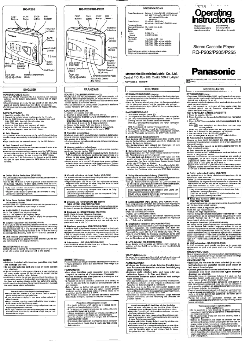 Page 1 de la notice Manuel utilisateur Panasonic RQ-P202