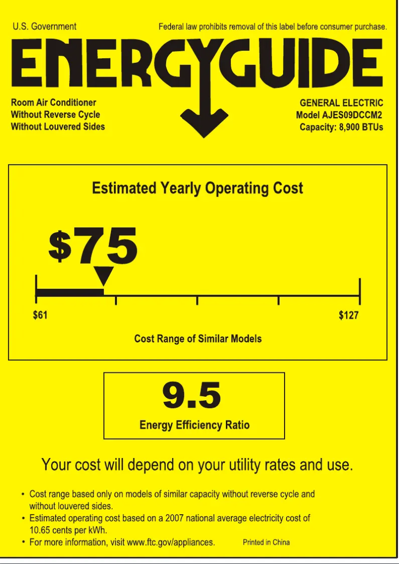 Page 1 de la notice Label énergétique GE AJES09DCC