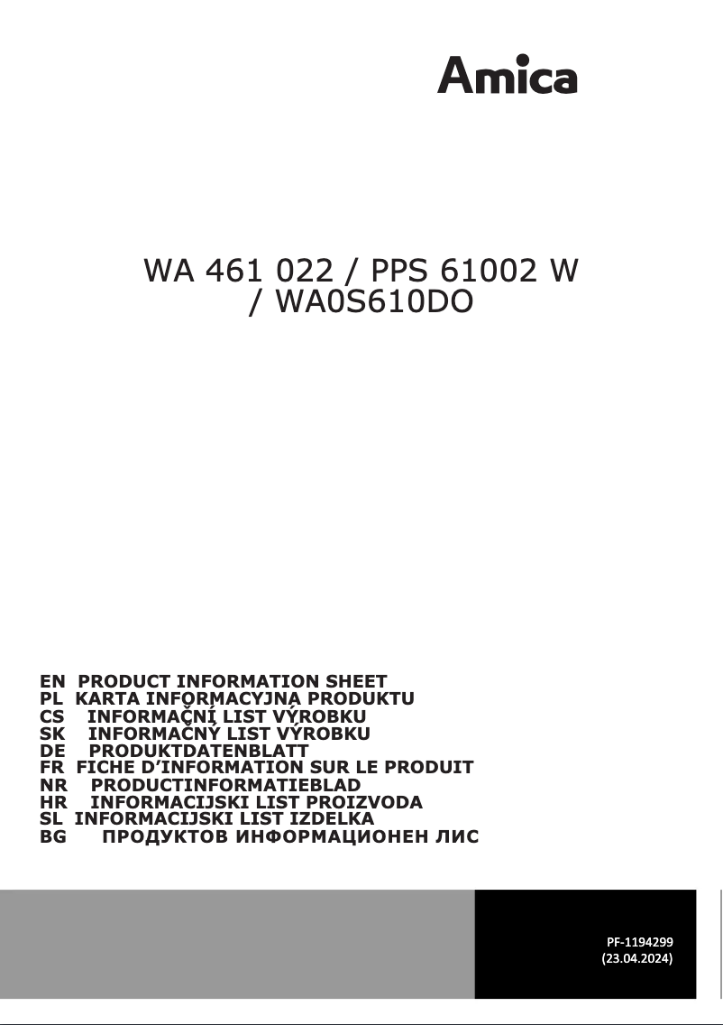 Page n°1 - Fiche technique Amica WA0S610DO