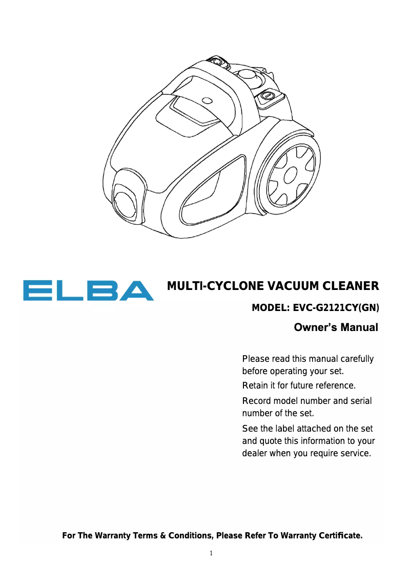Page 1 de la notice Manuel utilisateur Elba EVC-G2121CY(GN)