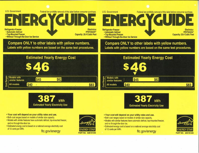 Page n°1 - Label énergétique Frigidaire FFHT2033VE