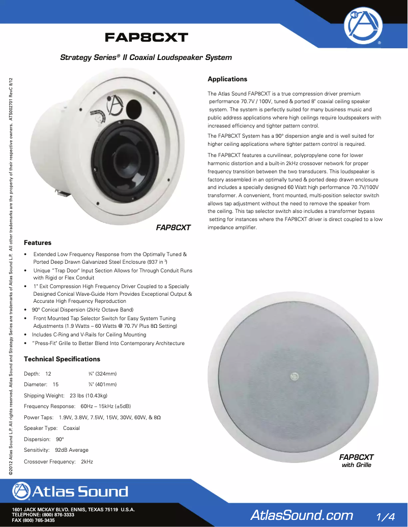 Page 1 de la notice Mode d'emploi Atlas Sound FAP8CXT
