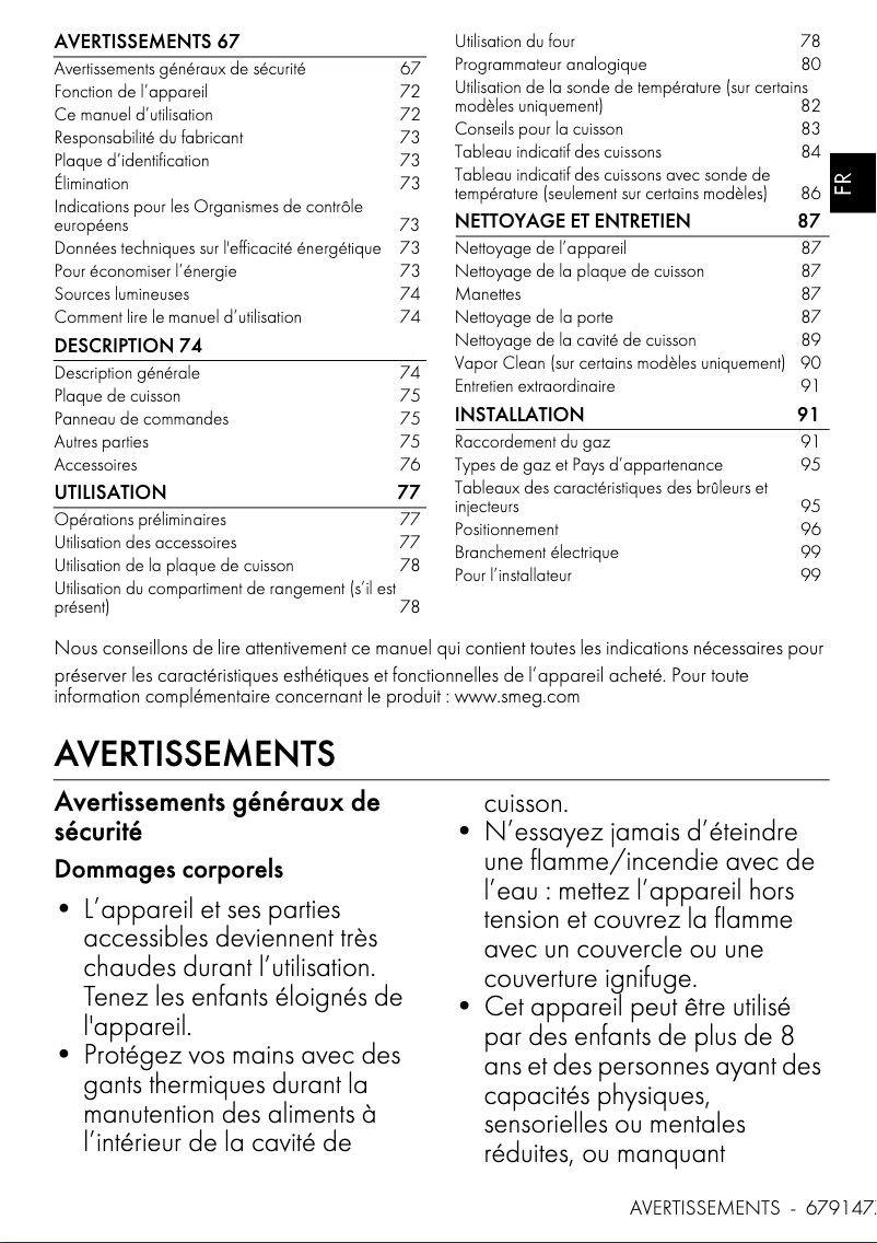 Page 1 de la notice Fiche technique Smeg B95GMCX2