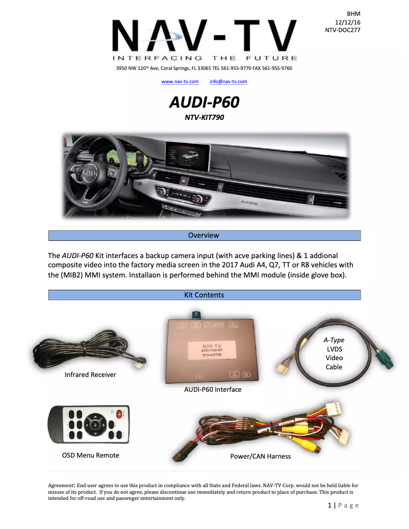 Page n°1 - Guide d'installation NAV-TV NTV-KIT790