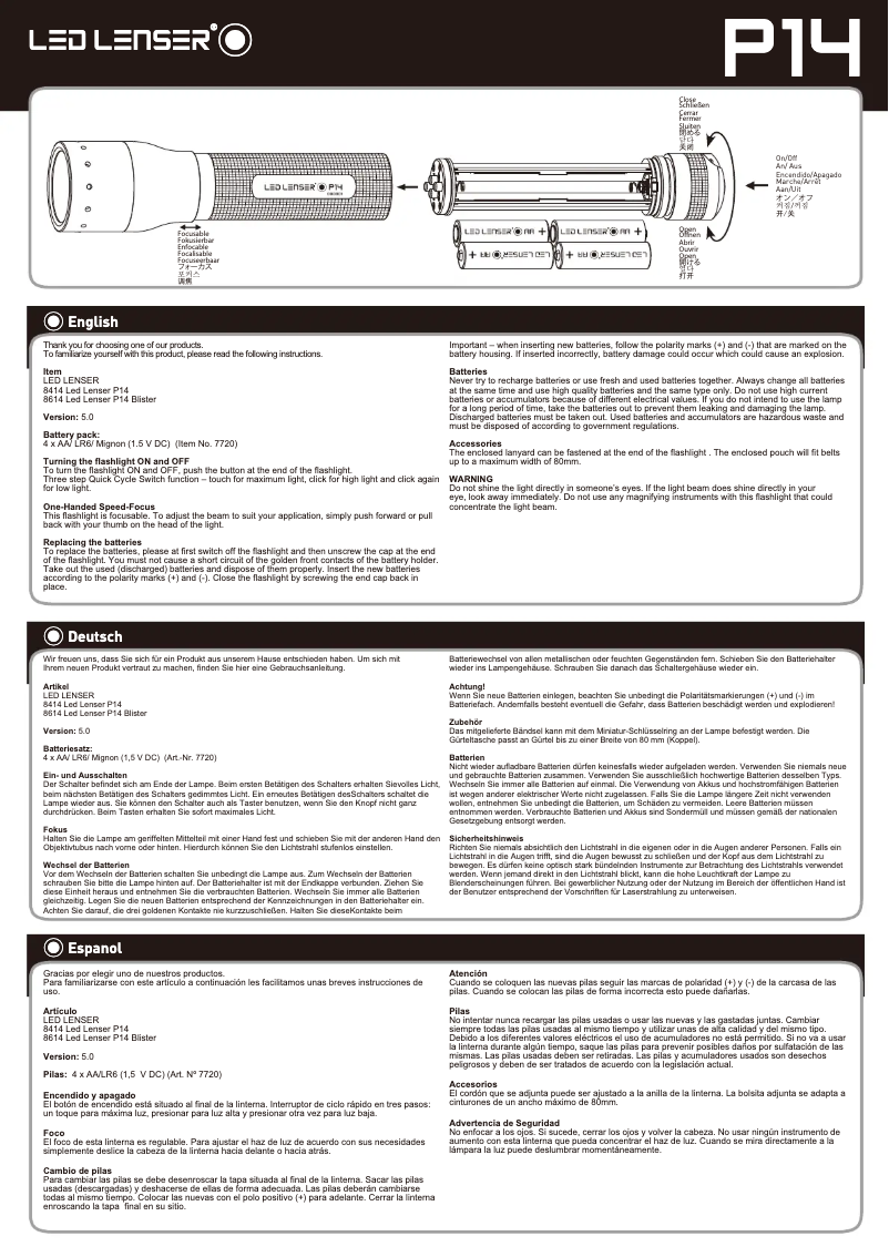 Page 1 de la notice Manuel utilisateur Ledlenser P14