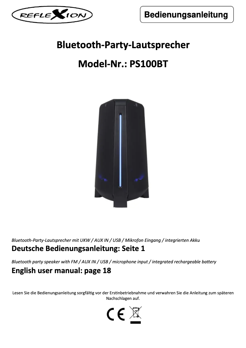 Page n°1 - Manuel utilisateur Reflexion PS100BT