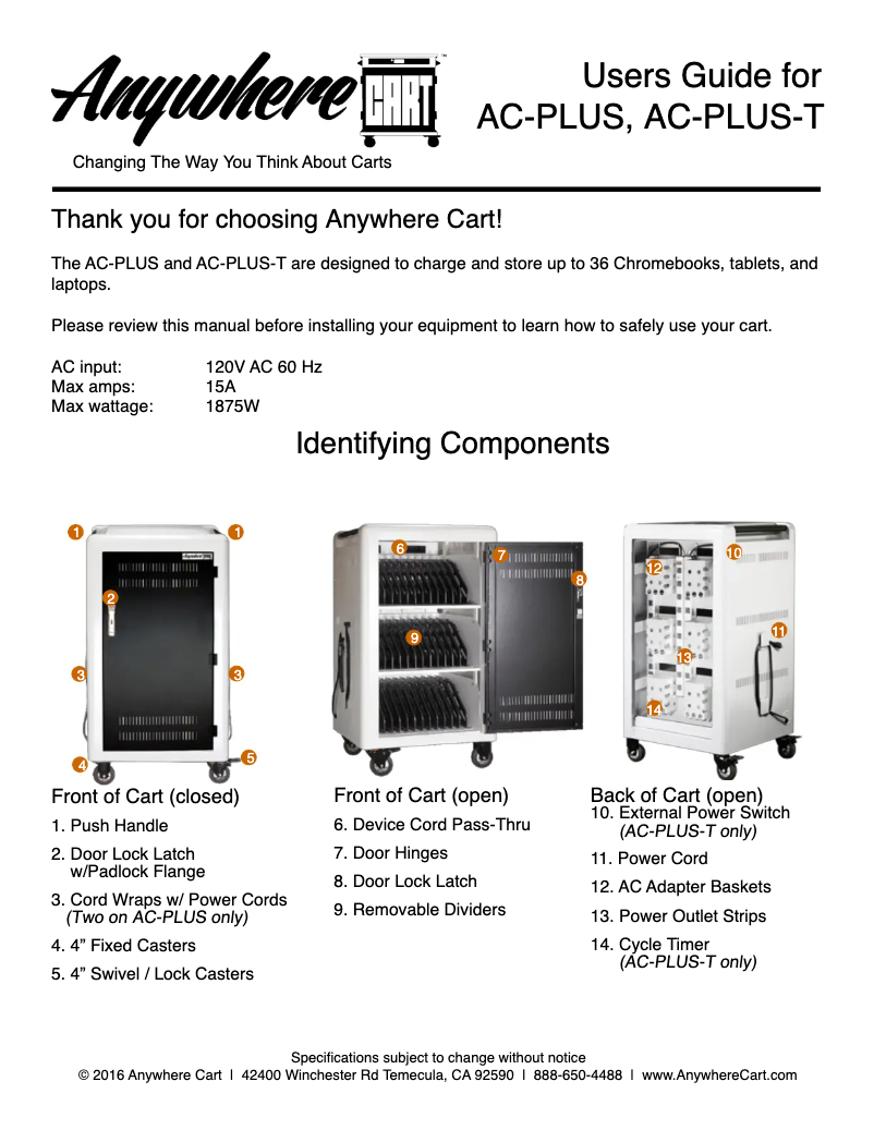 Page 1 de la notice Manuel utilisateur Anywhere Cart AC-PLUS