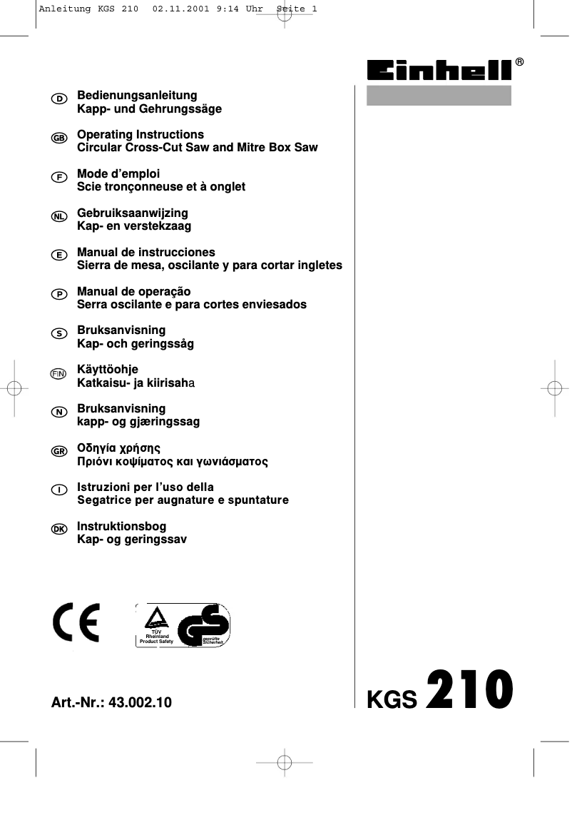 Page 1 de la notice Manuel utilisateur Einhell KGS 210