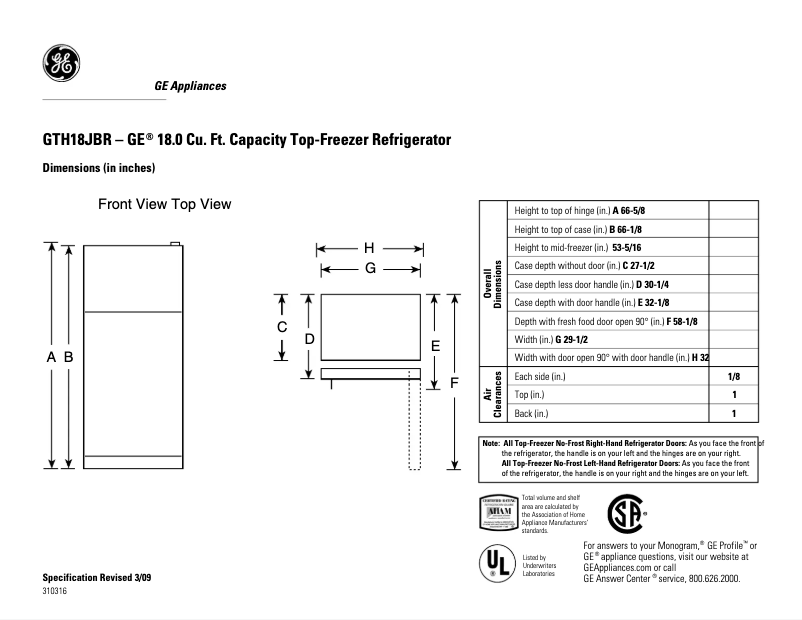 Page n°1 - Fiche technique GE GTH18JBRCC
