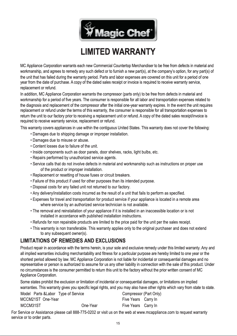 Page 1 de la notice Informations de garantie Magic Chef MCCM31ST