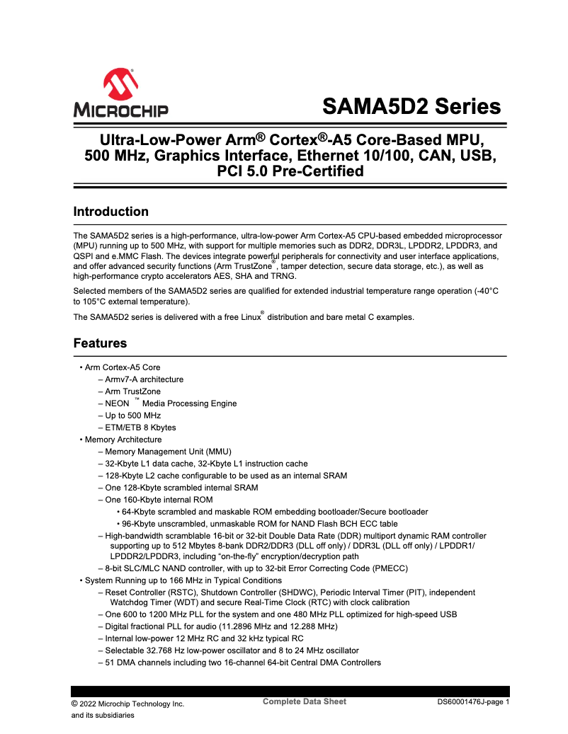 Page 1 de la notice Fiche technique Microchip ATSAMA5D28C-LD2G