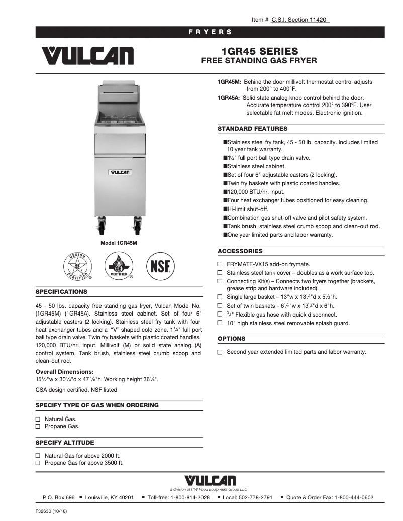 Page 1 de la notice Fiche technique Vulcan GR45