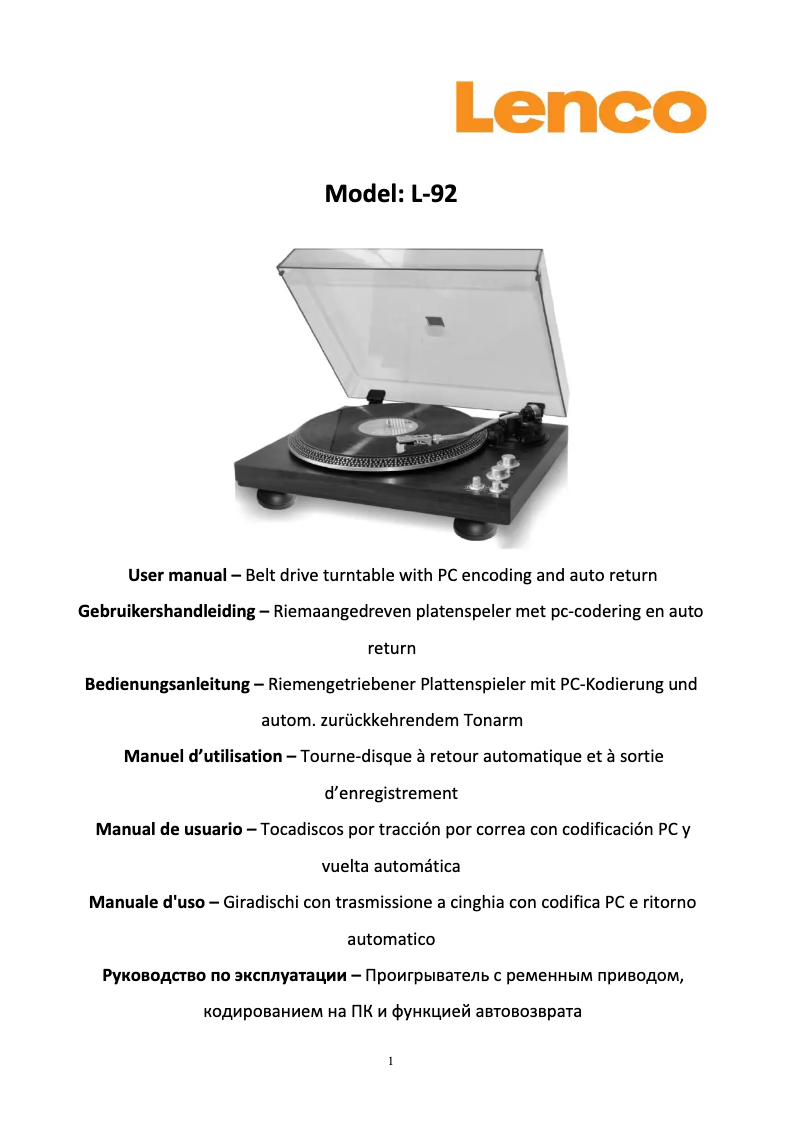 Page n°1 - Manuel utilisateur Lenco L-92WA