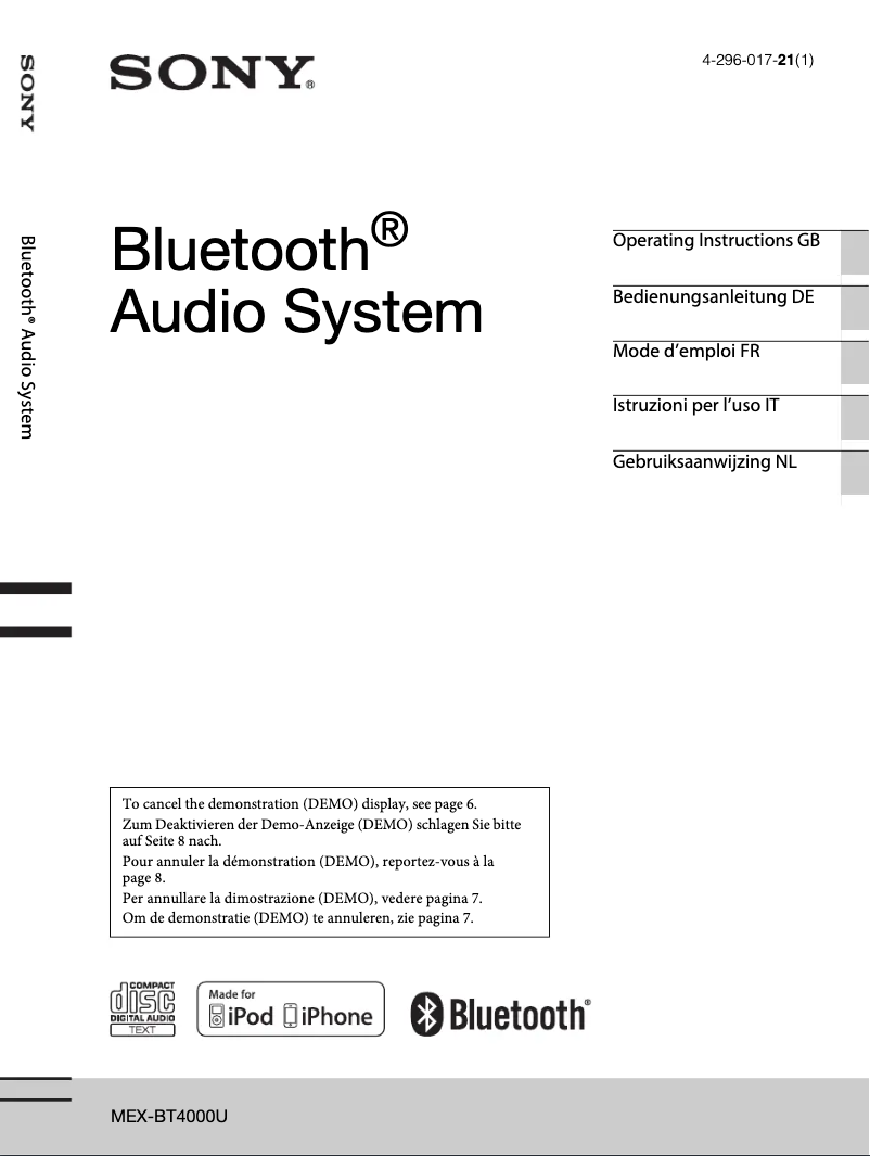 Page 1 de la notice Mode d'emploi Sony MEX-BT4000U