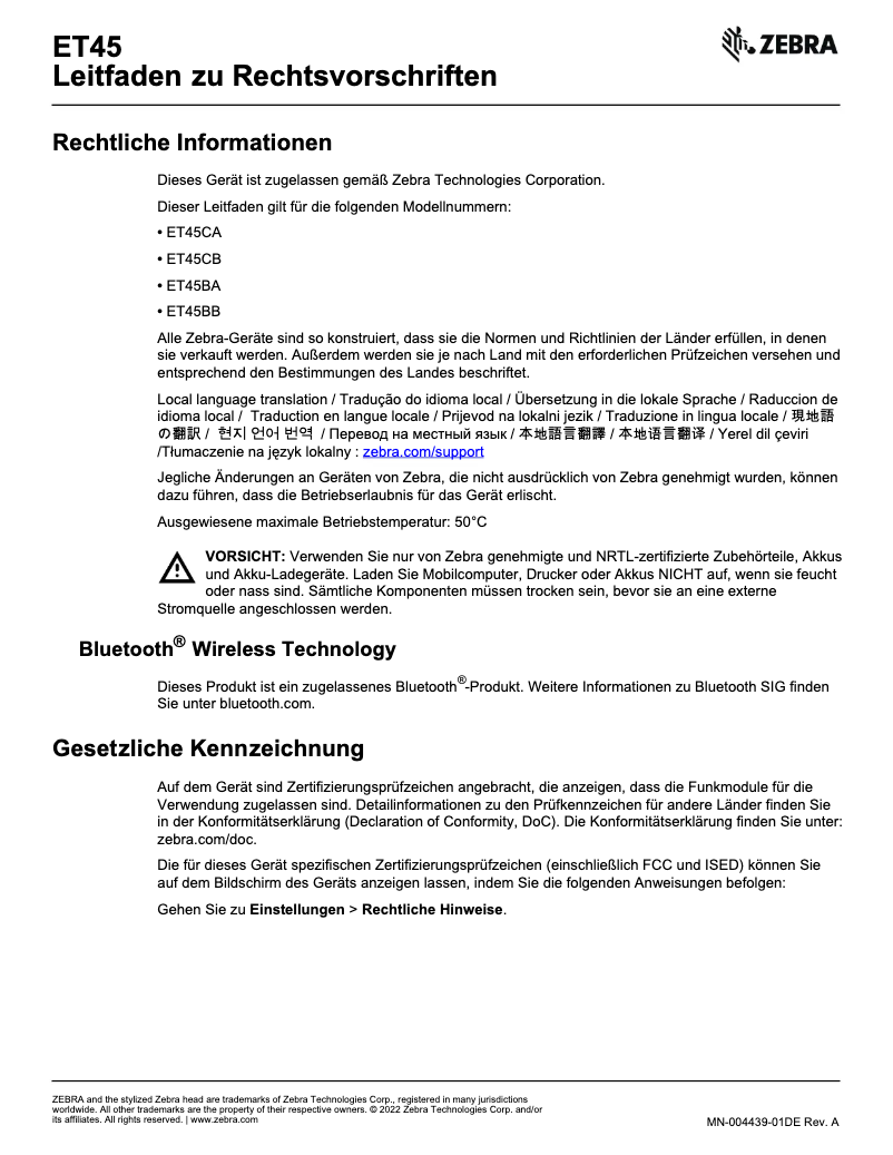 Page 1 de la notice Manuel utilisateur Zebra ET45