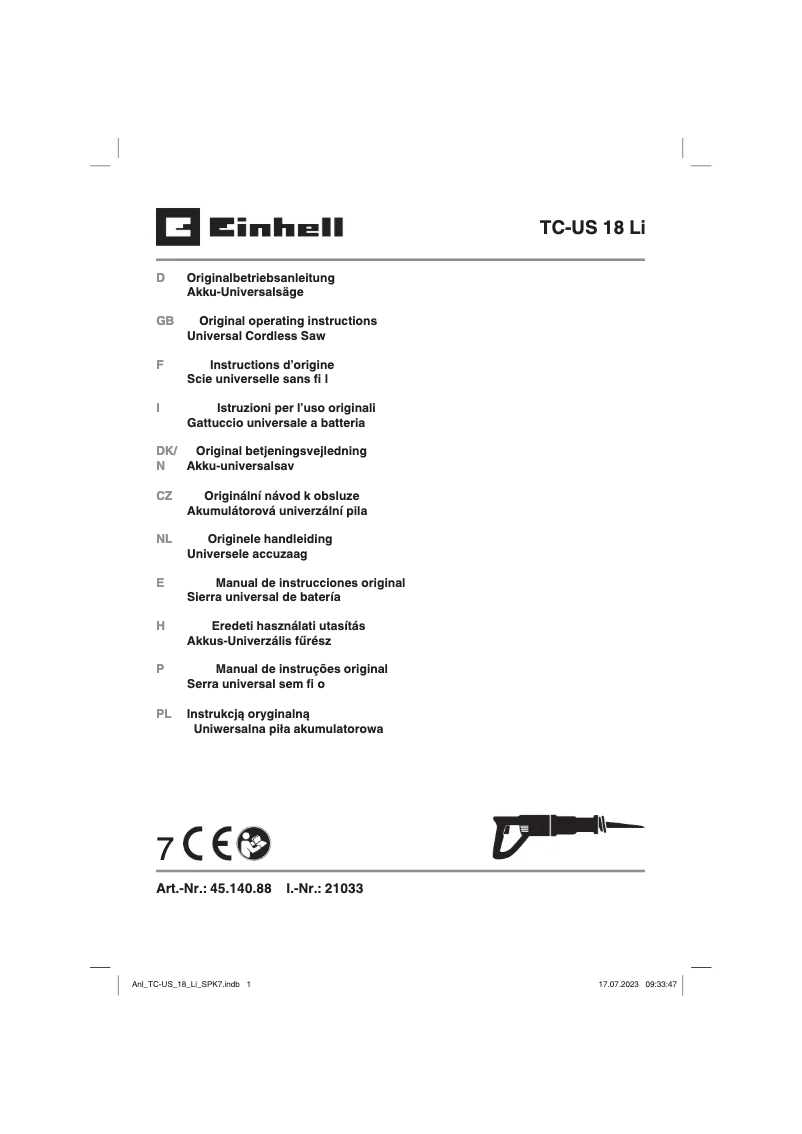 Page 1 de la notice Manuel utilisateur Einhell TC-US 18 Li-Solo