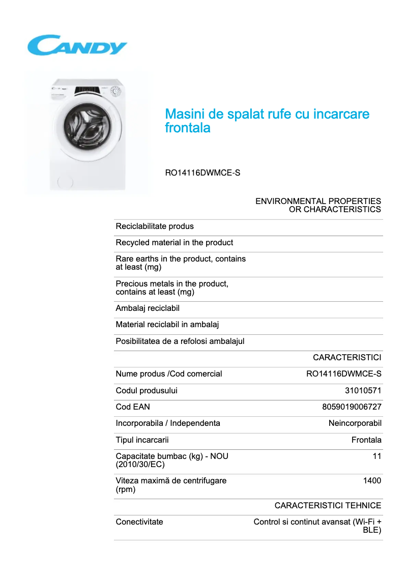 Page 1 de la notice Fiche technique Candy RO14116DWMCE-S
