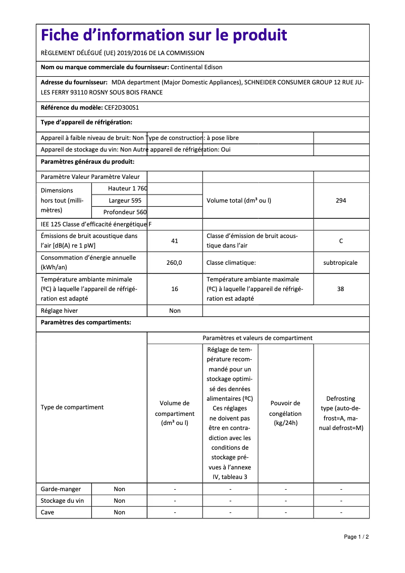 Page 1 de la notice Manuel utilisateur Continental Edison CEF2D300S1