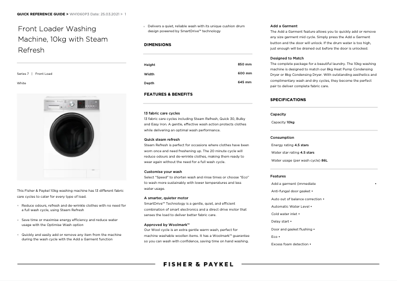 Page 1 de la notice Fiche technique Fisher & Paykel WH1060P3
