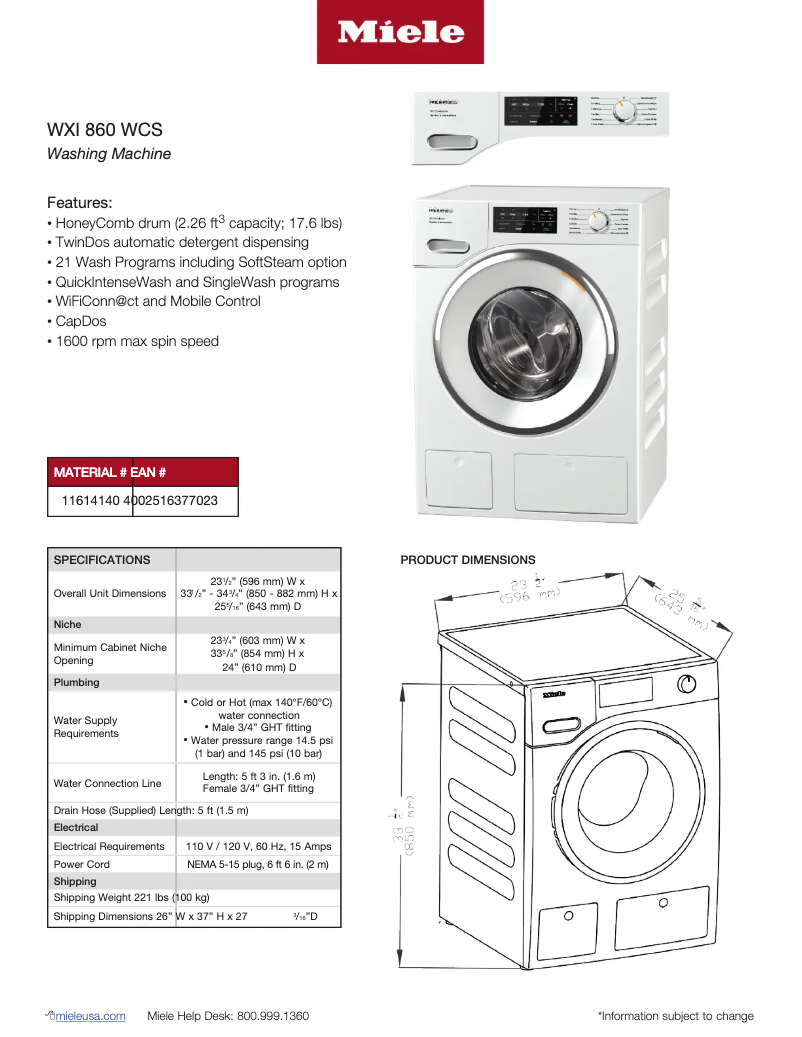 Página 1 del manual Ficha técnica Miele WXI 860 WCS W1