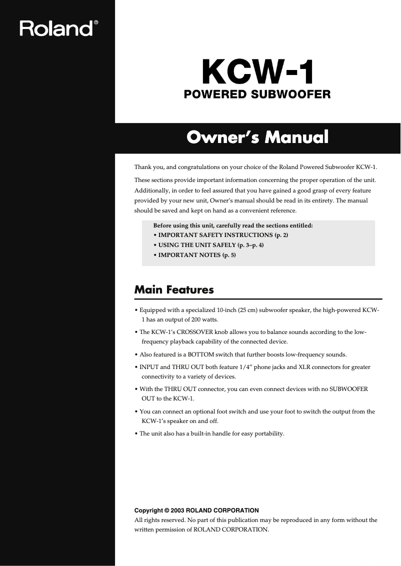 Page 1 de la notice Manuel utilisateur Roland KCW-1