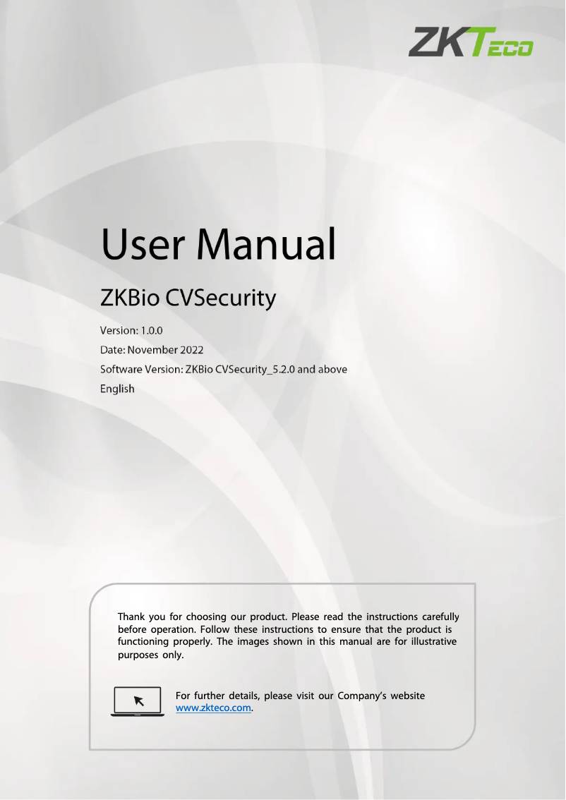 Image de la première page du manuel de l'appareil ZKBio CVSecurity