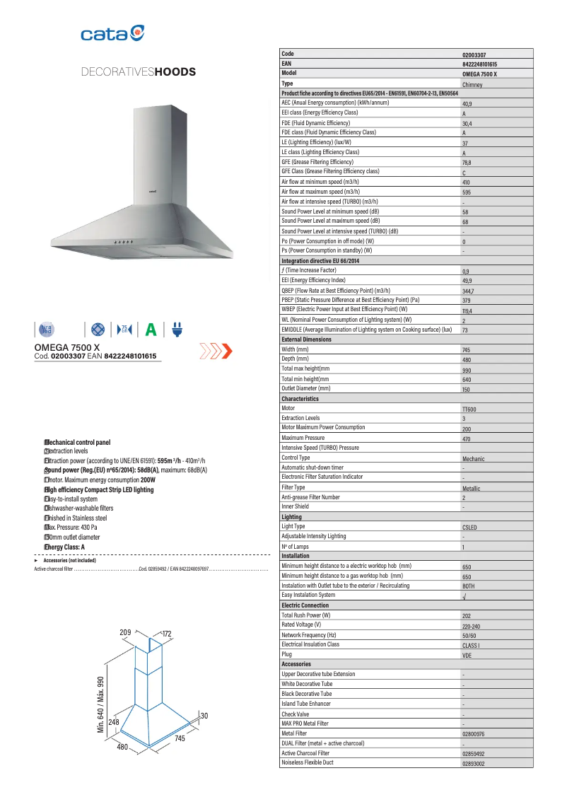 Page 1 de la notice Fiche technique CATA OMEGA 7500 X