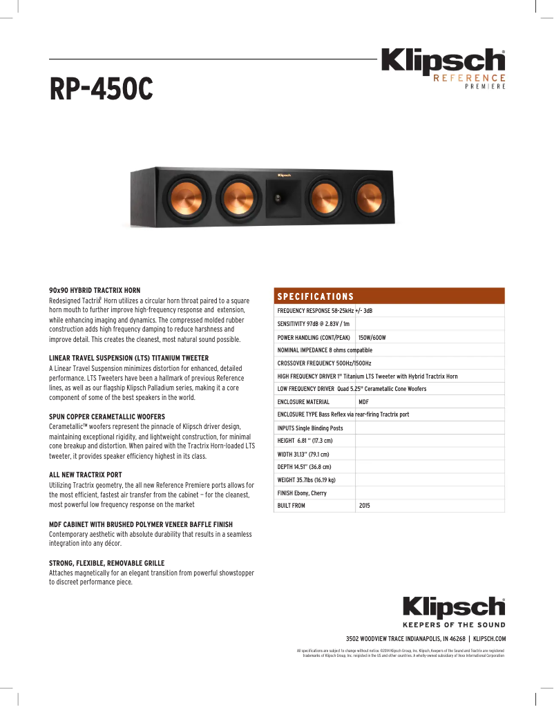 Page 1 de la notice Fiche technique Klipsch Reference Premiere RP-450C
