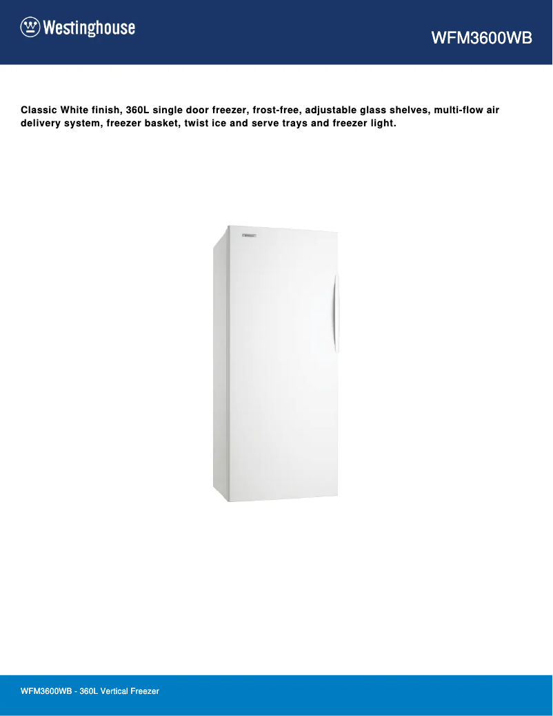 Page 1 de la notice Fiche technique Westinghouse WFM3600WB