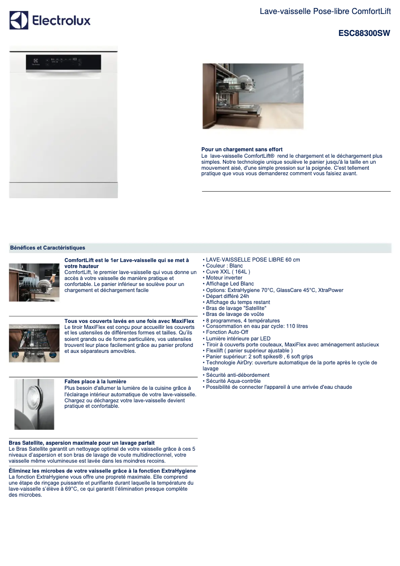 Page 1 de la notice Fiche technique Electrolux ESC88300SW