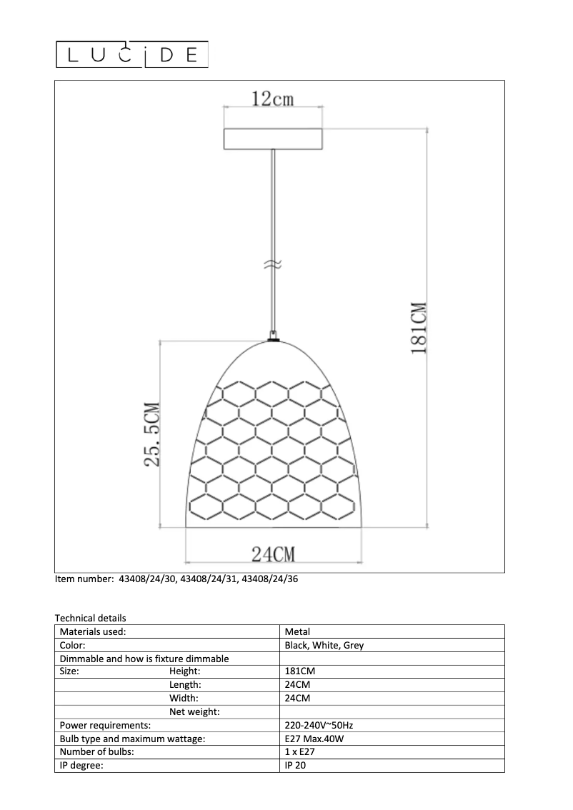 Page 1 de la notice Manuel utilisateur Lucide Galla 43408/24/36