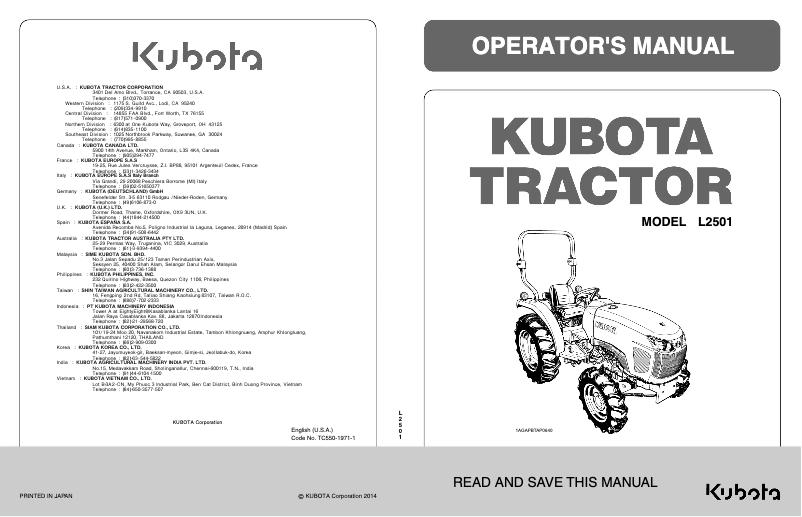 Page n°1 - Manuel utilisateur Kubota L2501HST