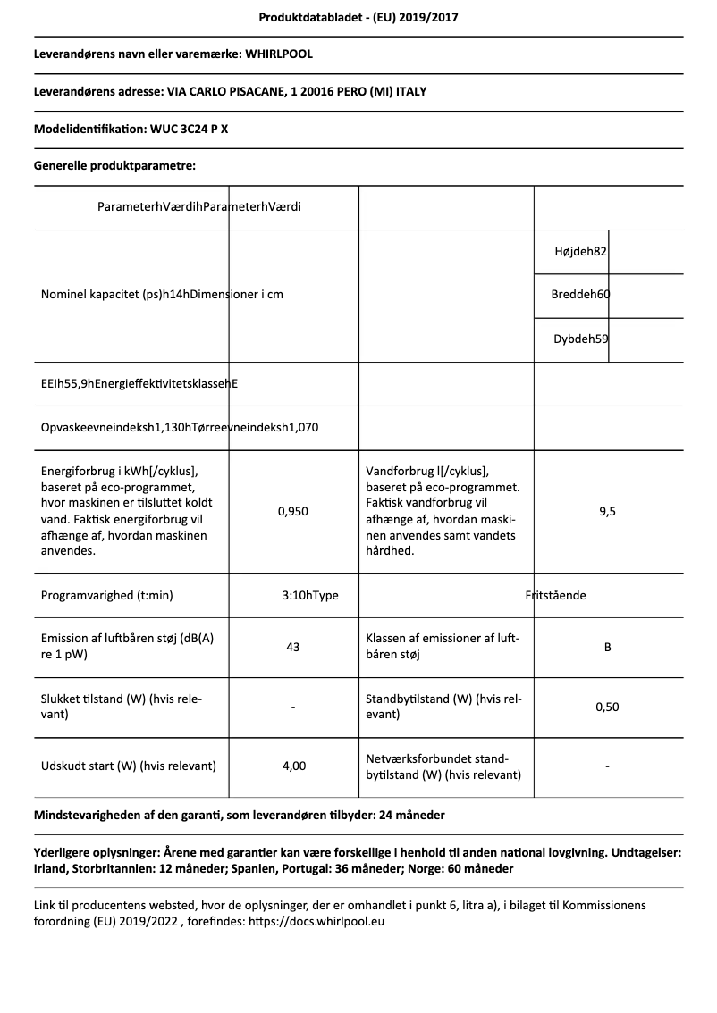 Page 1 de la notice Fiche technique Whirlpool WUC 3C24 P X