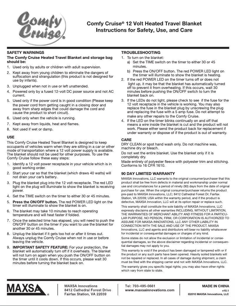 Page 1 de la notice Manuel utilisateur Maxsa Comfy Cruise 20014